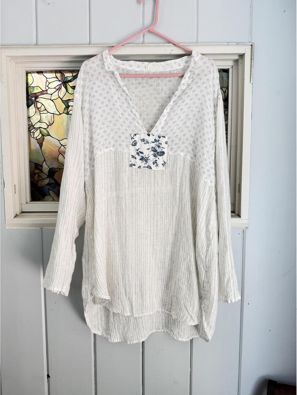 CP Shades 100% Linen Long Sleeve Tunic white navy blue patchwork Shirt Large